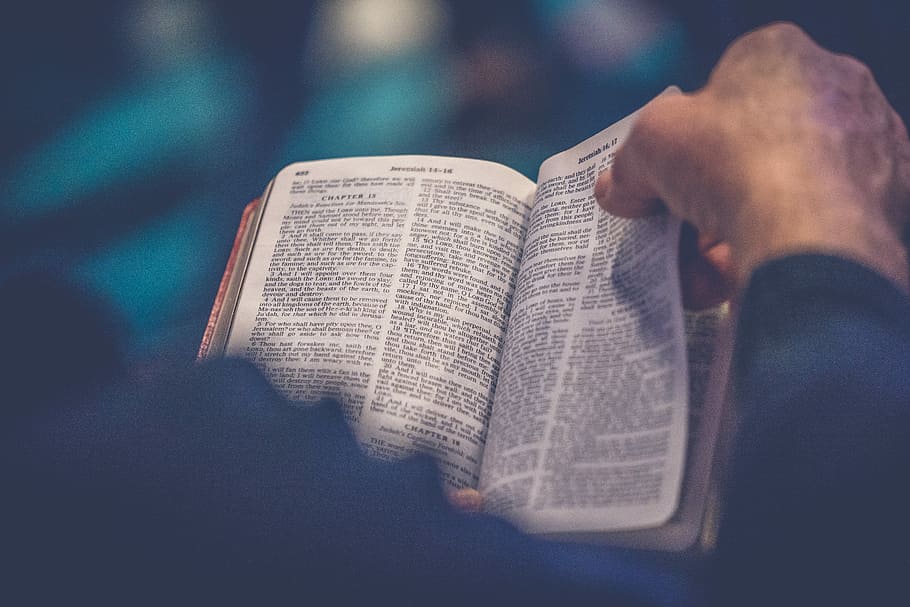 An open Bible being read closely